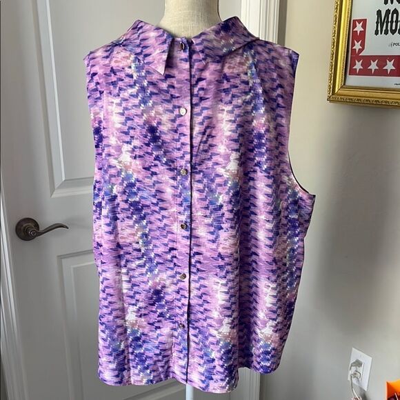 Soft Surroundings Purple Patterned Blouse Tie Neck sash Button Details SZ 2X - Picture 2 of 8